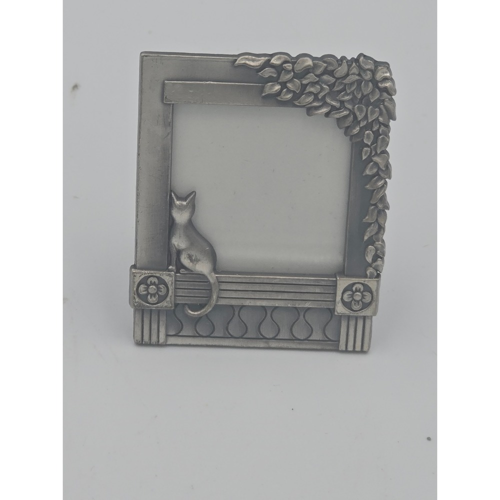 Vintage Pewter Cat Picture Frame Small Silver Tone Floral Leaf Balcony 3x2.5